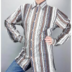 Retro Men's Shirt, Vintage 70's Blue Brown Striped Button Down Poly Patterned